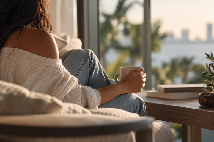 Person sitting quietly by a window during a reflective moment.