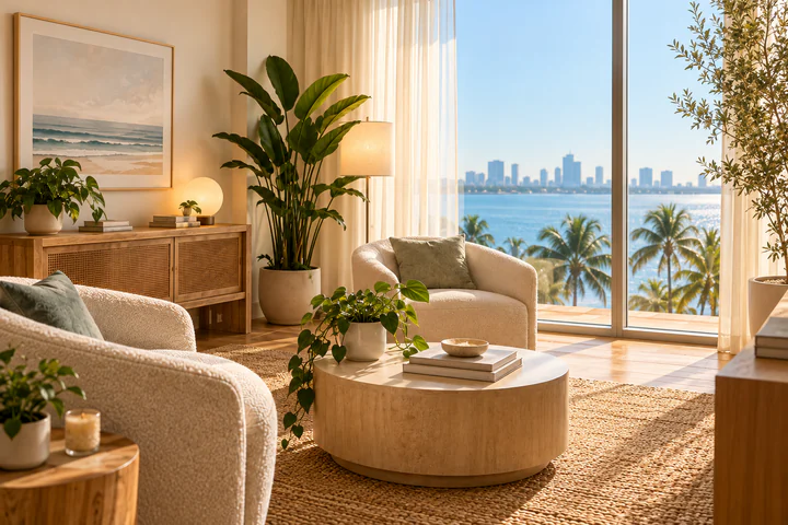 Light-filled sitting room with armchairs, plants, and a waterfront view.